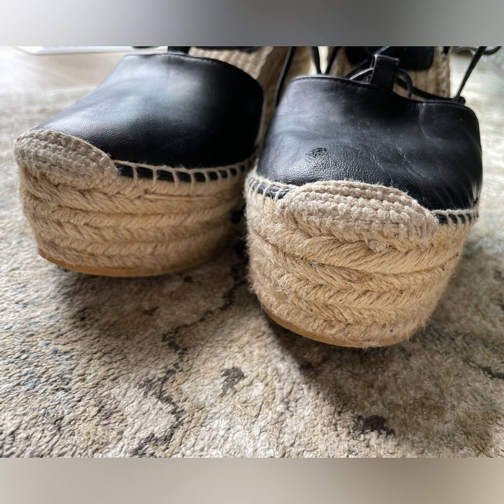 Saint Laurent Jute Wedges Black Nappa Leather Ankle Wrap Gladiator 37.5 EUC - Picture 5 of 9